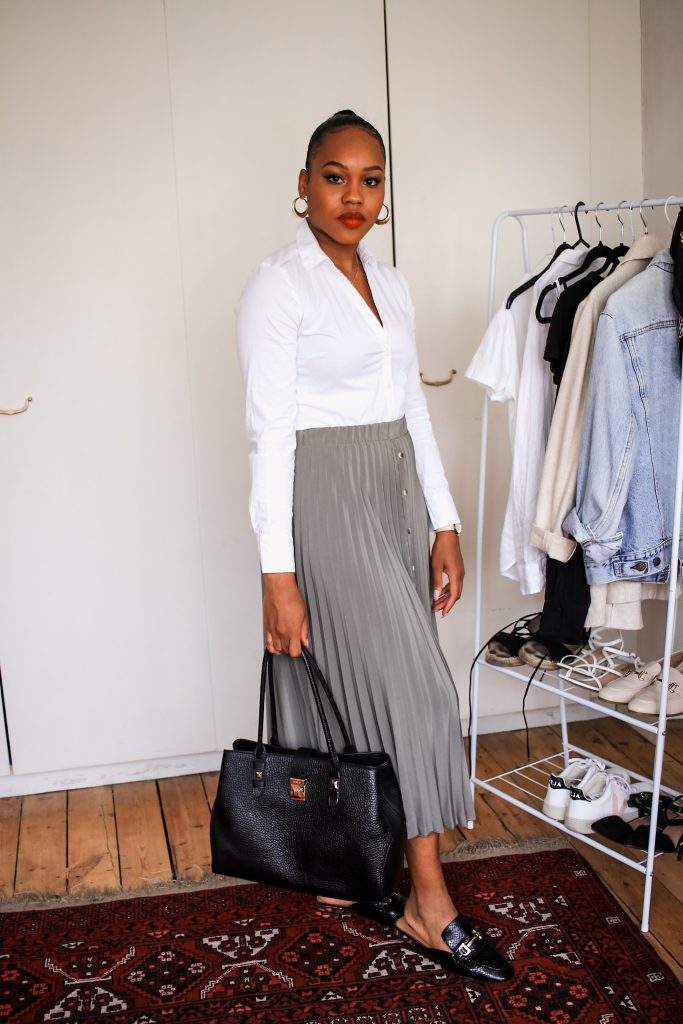 pleated midi skirt for the office